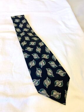 Dior Black Tie with Green and Cream Emblem Pattern